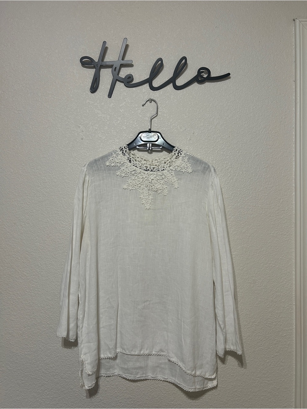 Zara Cream Long Sleeve linen Top with Lace Yoke